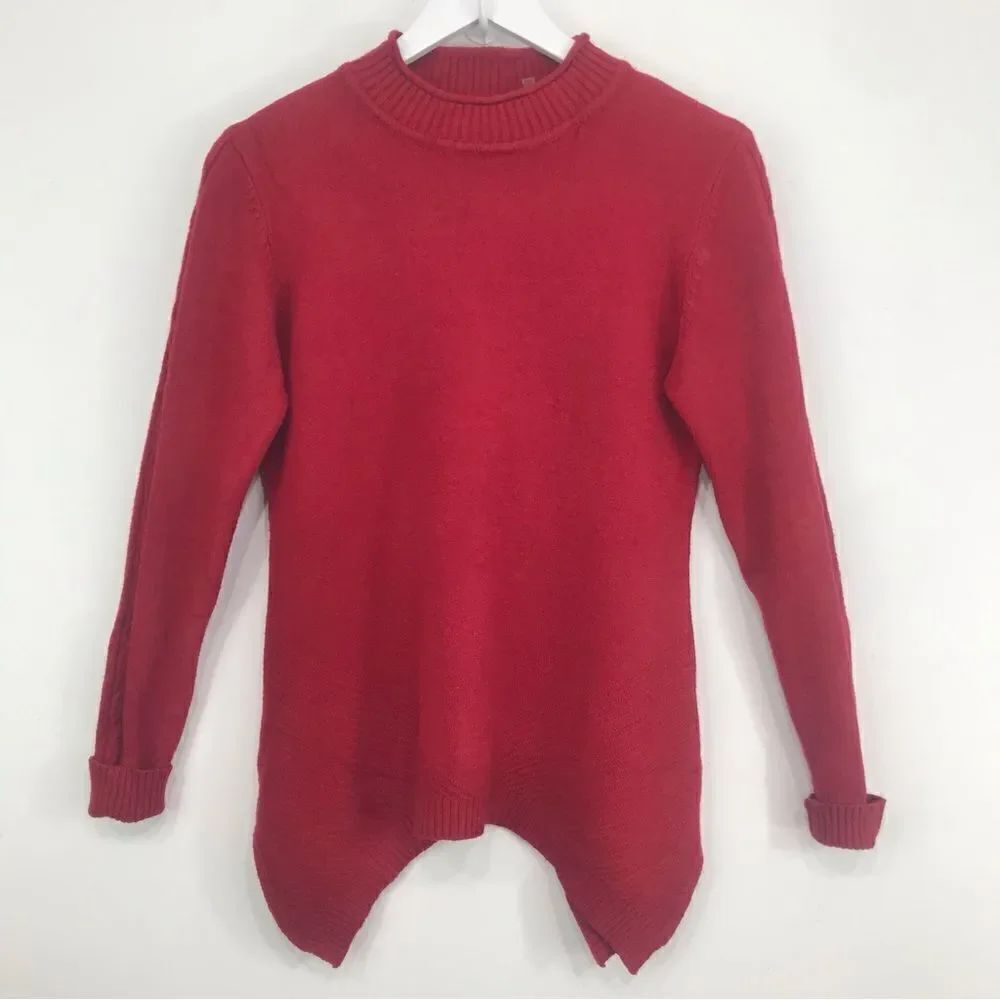 Patrizia Luca Milano Red Knit Mock Neck Curve Hem Pullover Tunic Sweater